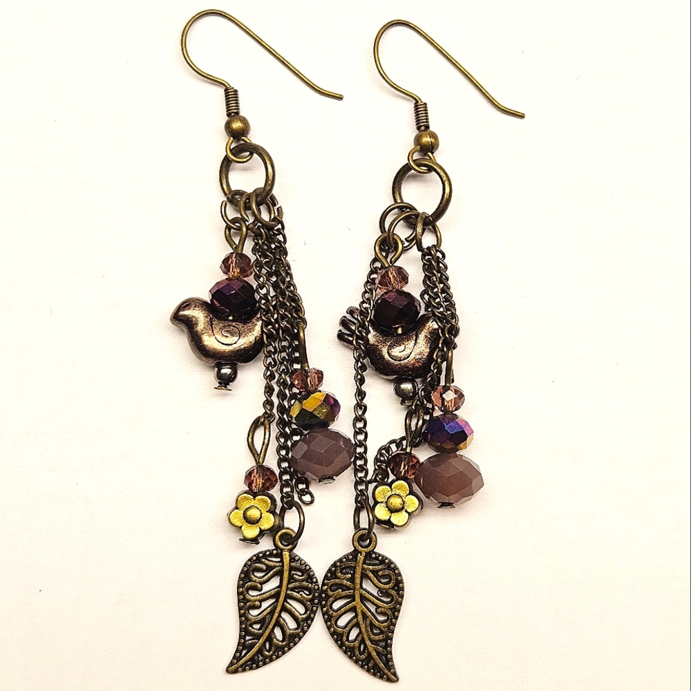 Long Purple and Bronze Beaded Earrings